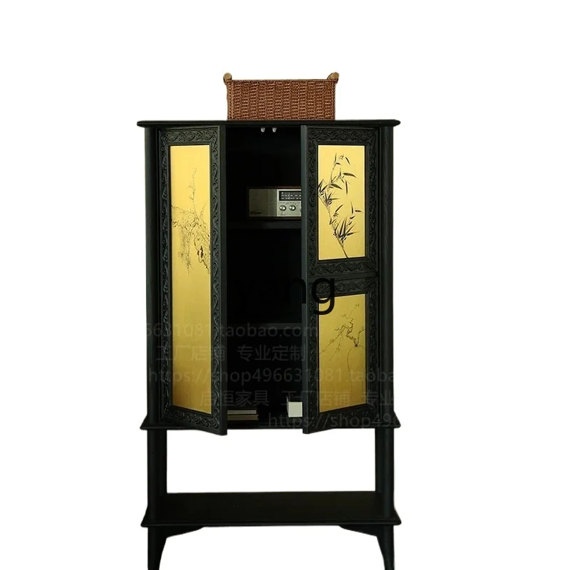 

LTT French retro style solid wood porch cabinet new Chinese carved dining side cabinet black wall display cabinet