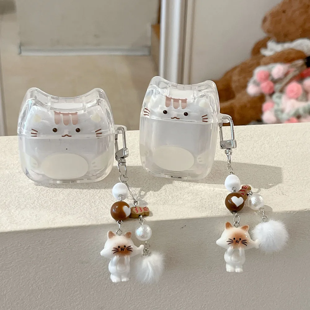 Transparente Weiche Blaue Hülle für AirPods Pro 2 3 4 1 Bluetooth-Box AirPods Pro3 3D Katzenohren Schutzhülle Fellball Kätzchen Schlüsselanhänger
