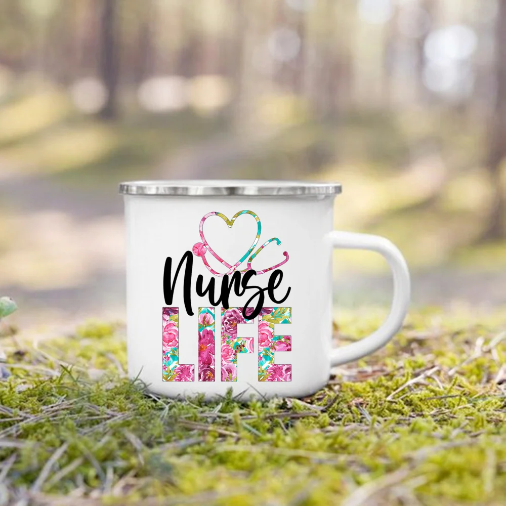 Nurse Life Print Mugs Creative Coffee Cups Drinks Dessert Breakfast Milk Cup Enamel Mugs Handle Drinkware Best Gifts for Nurse