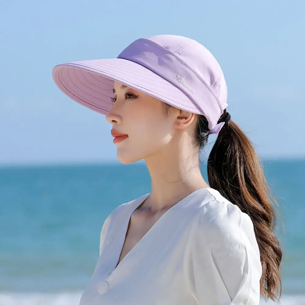 Detachable Women Summer Sun Hat Outdoor Foldable UV Protection Empty Top Ponytail Cap Adjustable Wide Brim Beach Cap