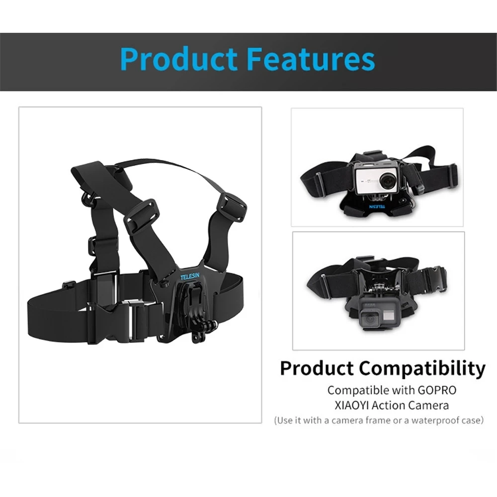 TELESIN Chest Strap Mount Head Belt Adjustable Headband Harness for Gopro 13 12 11 10 DJI Action 3 4 5 Insta360 Ace Pro Camera