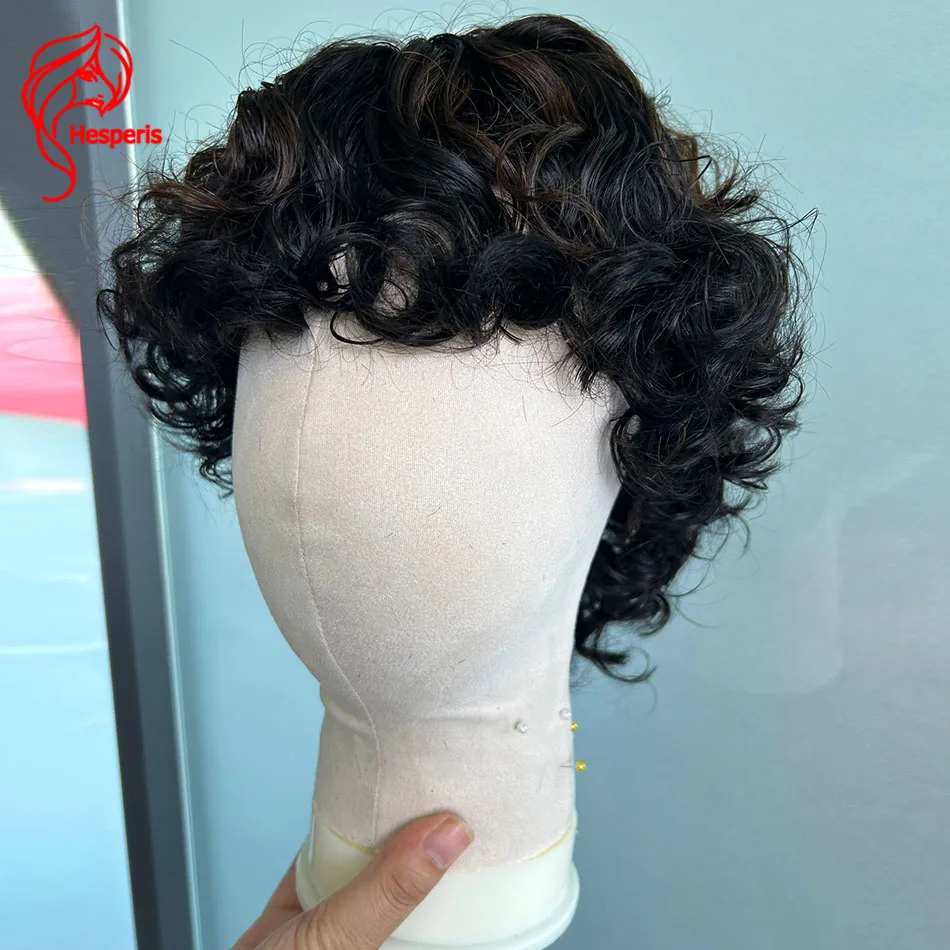

Hesperis Boy Human Hair Wig With Bangs Wear And Go Scalp Top Full Machine Made Men Wigs Wavy Highlight Pixie Cut Short Wig