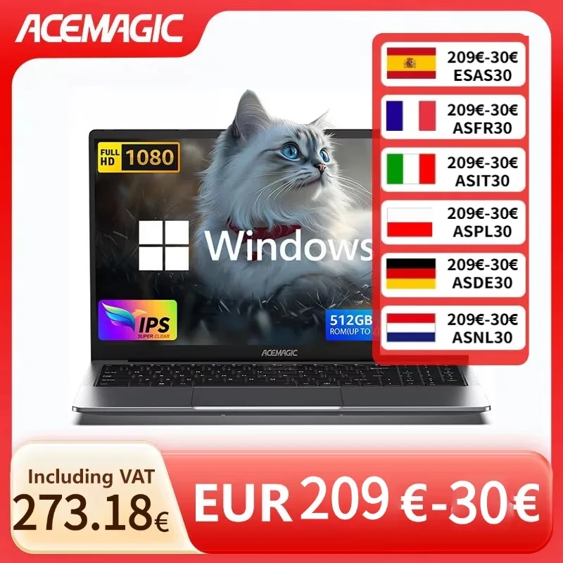 ACEMAGIC Portátil de 15.6 Pulgadas, Intel N95, 16GB DDR4 RAM, 512GB SSD, Windows 11, 5000mAh, 180 °   Turbo Plegable de 3.6GHz