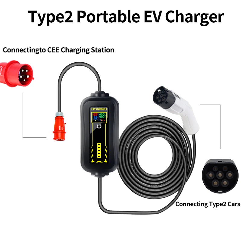 Type2 ev carregador portátil 22kw 32a 3 fases IEC62196-2 esee caixa de carregamento veículo elétrico ev carros carregador cee plug 5m cabo
