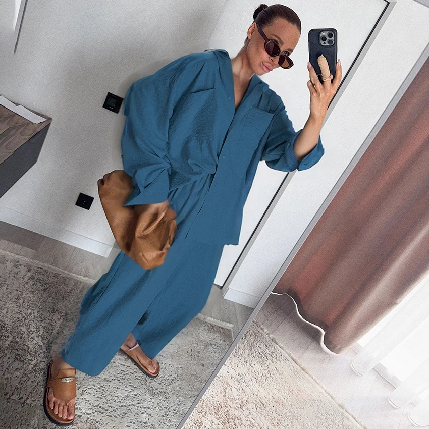 

Linad Casual Casual Blue Long Pants Suits Tops Office Lapel Shirts With Elastic Waist Trousers 2 Piece Set Vintage Outfits Fall