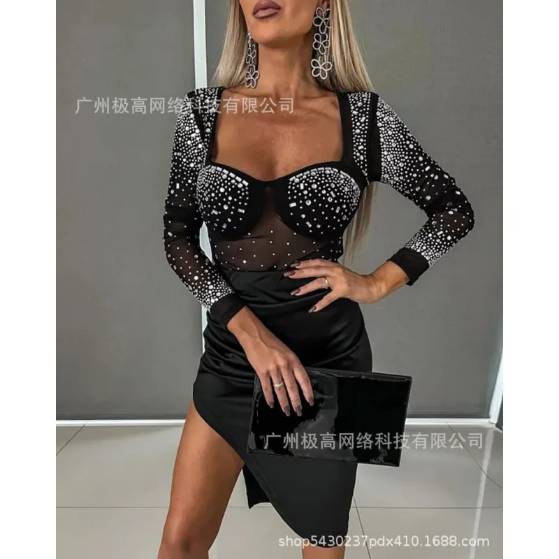 2024 Spring Summer New Women's Solid Color Rhinestone Stitching Sheer Mesh Long Sleeve Dress