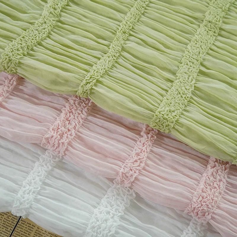 Tessuto chiffon bianco rosa con volant pieghettato ricamo squisito tessuto da sposa gonna in tessuto fascia per capelli