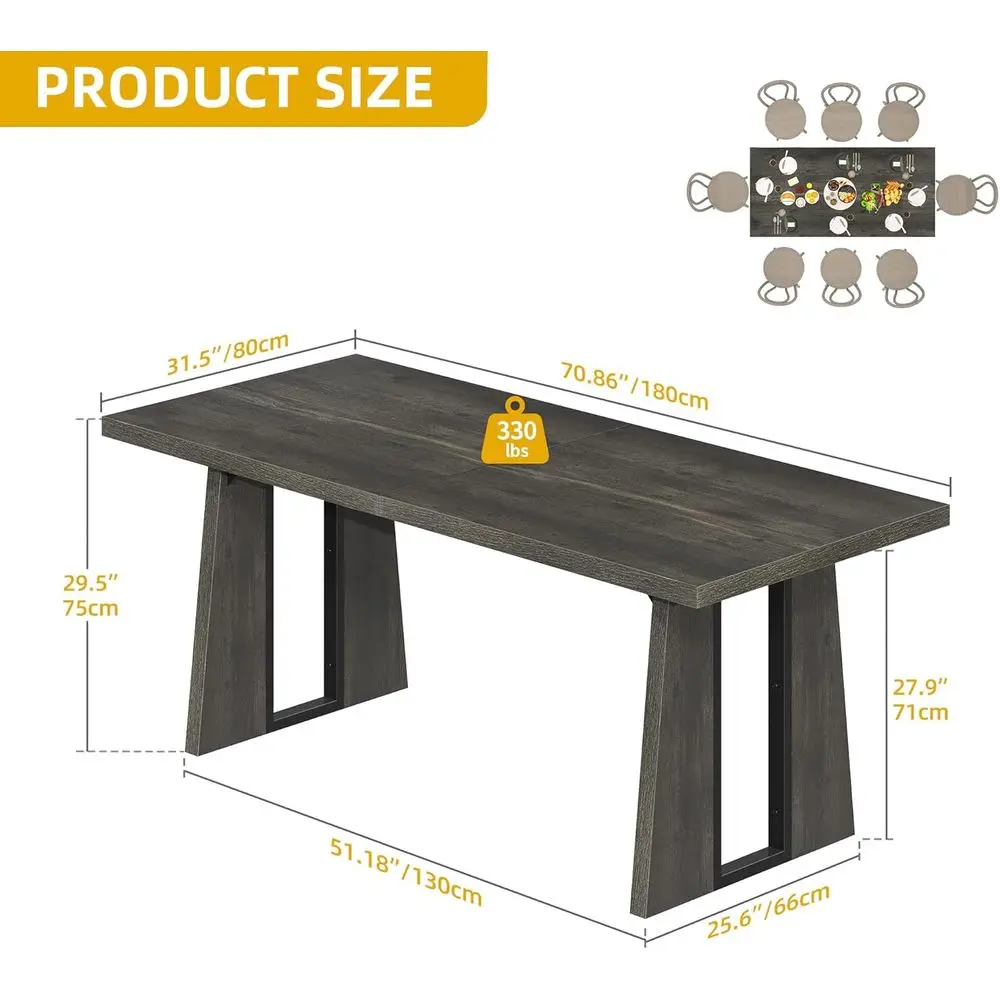 Mesa de Jantar Grande de Madeira para 6-8 Pessoas com 70,86 Polegadas e Pernas Resistentes para Cozinha ou Restaurante, Cinza Rústico