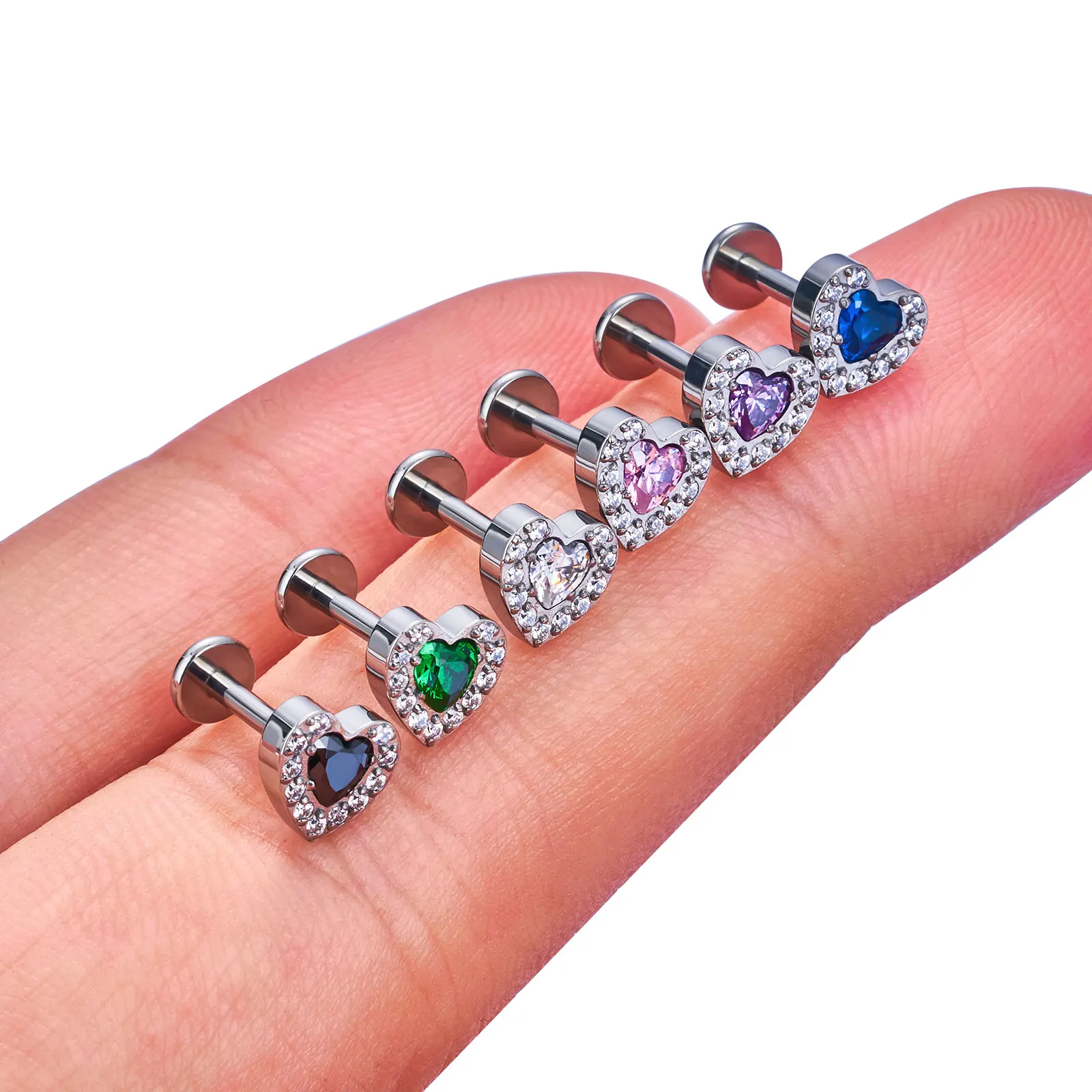 G23 Titanium ASTM F136 Piercing Body Jewelry Labret Studs Tragus Lip Tongue Heart CZ Top Threaded Piercing