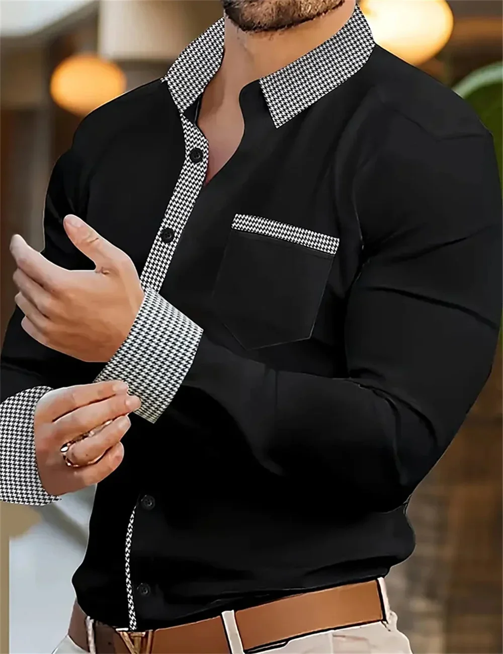 Men\'s button up shirt, black and white solid color, long sleeved striped cuffs, lapel collar, daily vacation pocket, fashionable