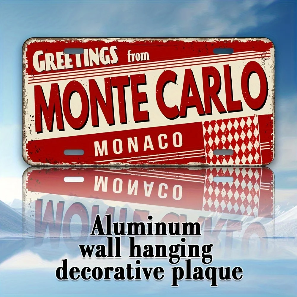 ,  Monte Carlo Monaco Metal Wall Art Sign -  Red & White Checkered Retro Decorative Plaque, Durable Aluminum Indoor/Outdoor Deco