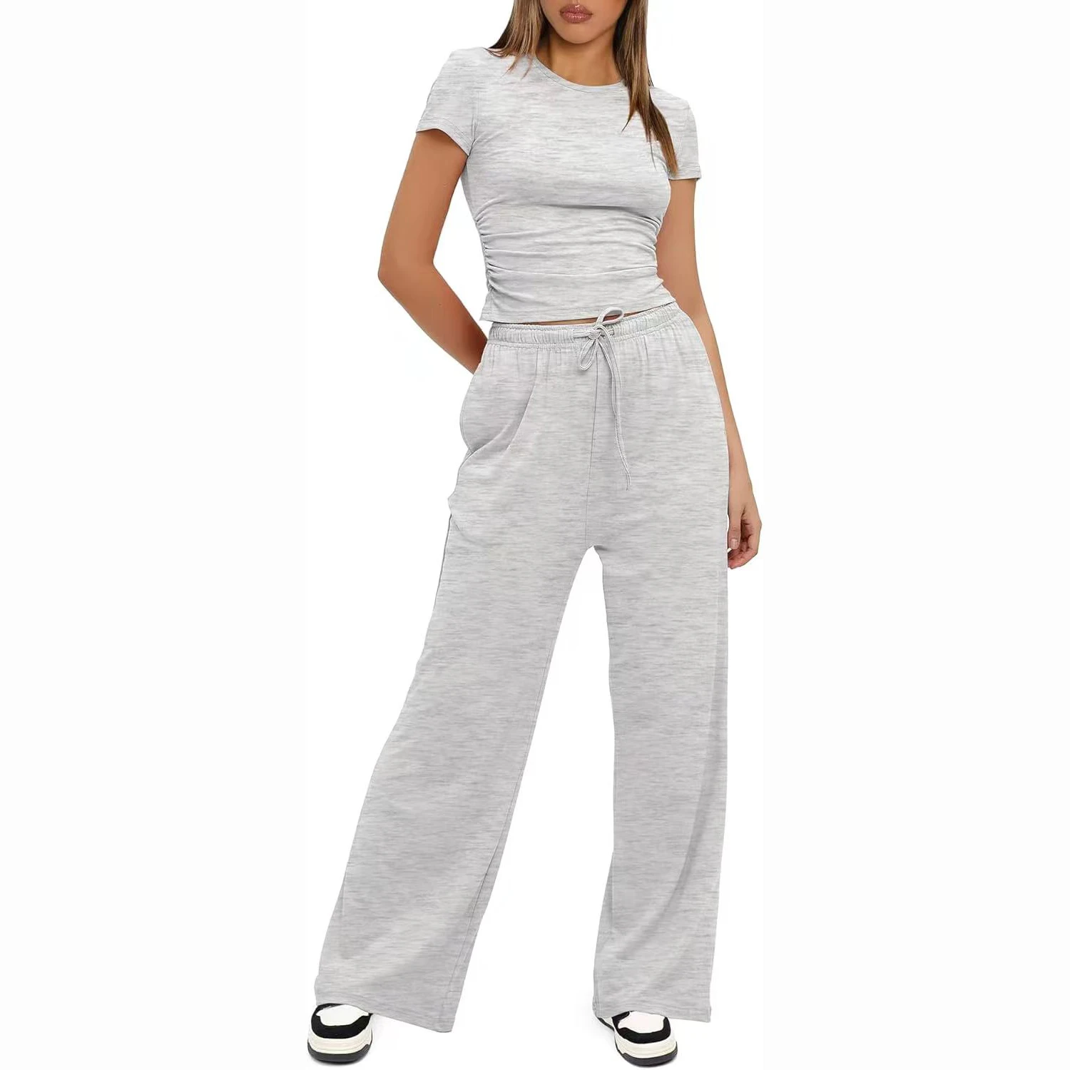 Sets for Women 2 Pieces Outfits Lounge Pant Sets Ruched Short Sleeve Tops Two Piece Set High Waisted Wide Leg Pant Tracksuit Set