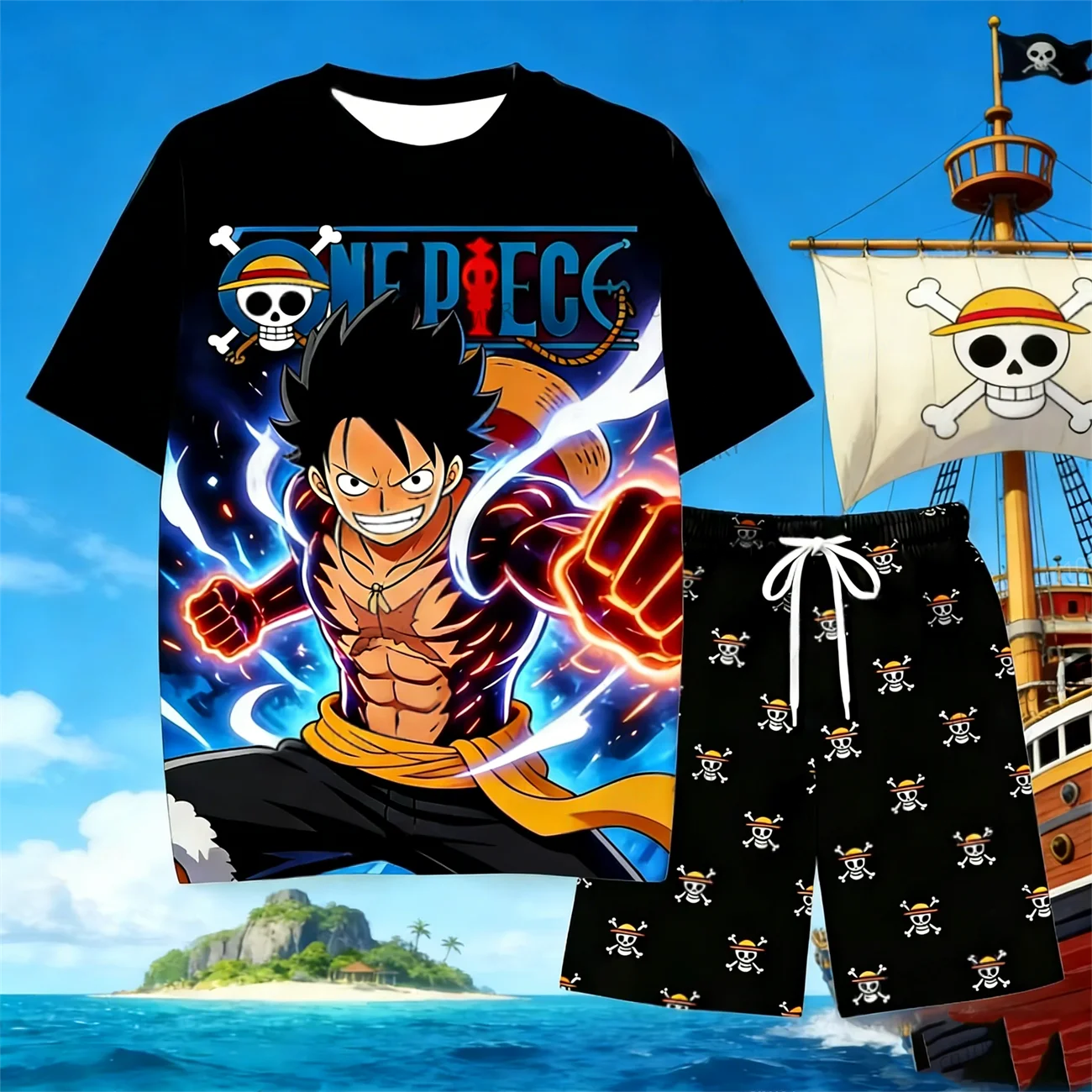 Conjunto de Pijama de One Piece Luffy, Ropa de Dormir con Diseño de Calavera de Anime, Camiseta de Manga Corta y Pantalones Cortos Suaves para Hombre y Mujer, Conjunto de Verano