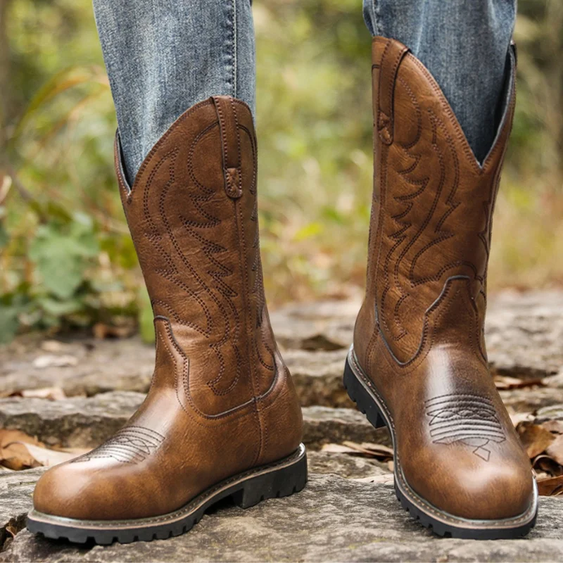 

Mid-calf Western Boots Men Black Brown Cowboy Boots Handmade Leather Shoes New Punk Man Women Unisex Riding Boots