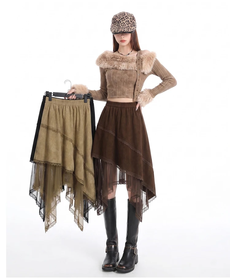 2026 Damen-Midirock mit Wildleder-Optik und Spitzenbesatz, Vintage-Brauntöne, elastischer Bund, unregelmäßiger Saum, Tüll, A-Linie, lässiger Halbrock – Detail 5