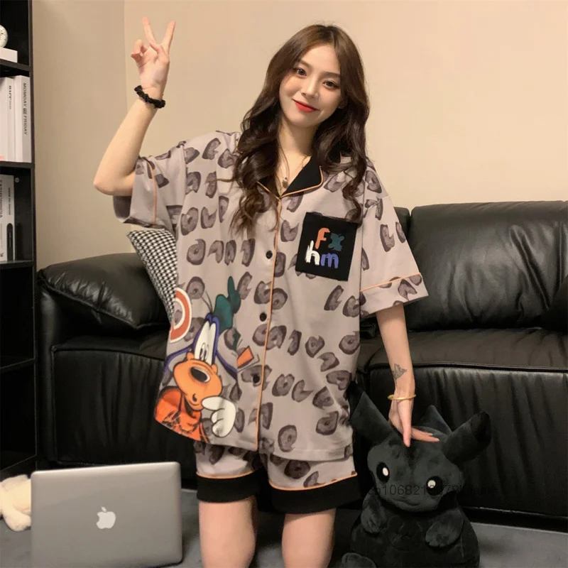 Disney Goofy Female Summer New Pajamas Cartoon Print Leisure College Dormitory Style Home Suit Korean Version Fashion Sleepwear