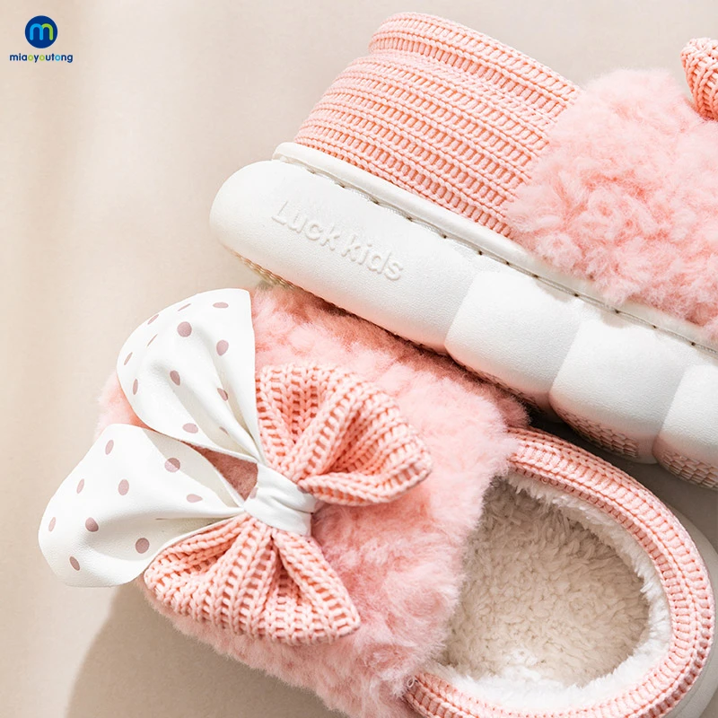 Winter Cute Children's Bow Tie Warm Plush Slippers Soft Sole Non-slip Baby Girls Indoor Home Heel Wrap Cotton Shoes Miaoyoutong