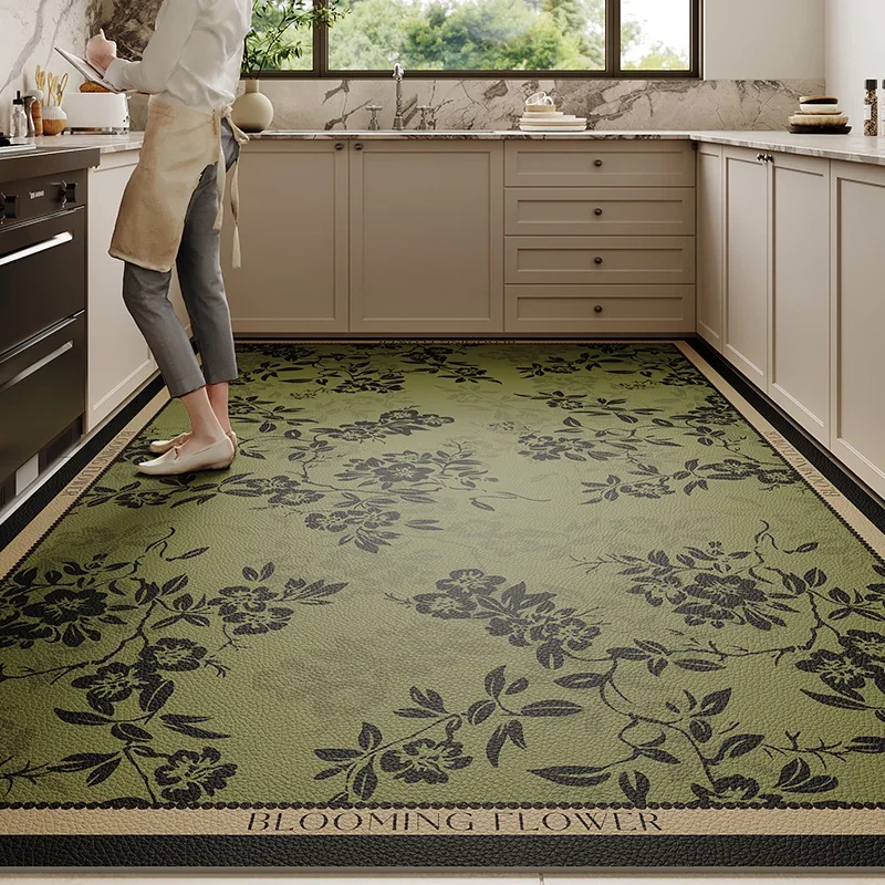 Vintage American Kitchen Leather Floor Mat Oil Proof Waterproof Non Slip Wipeable Wash Free Large Size Full Cover Kitchen Carpet