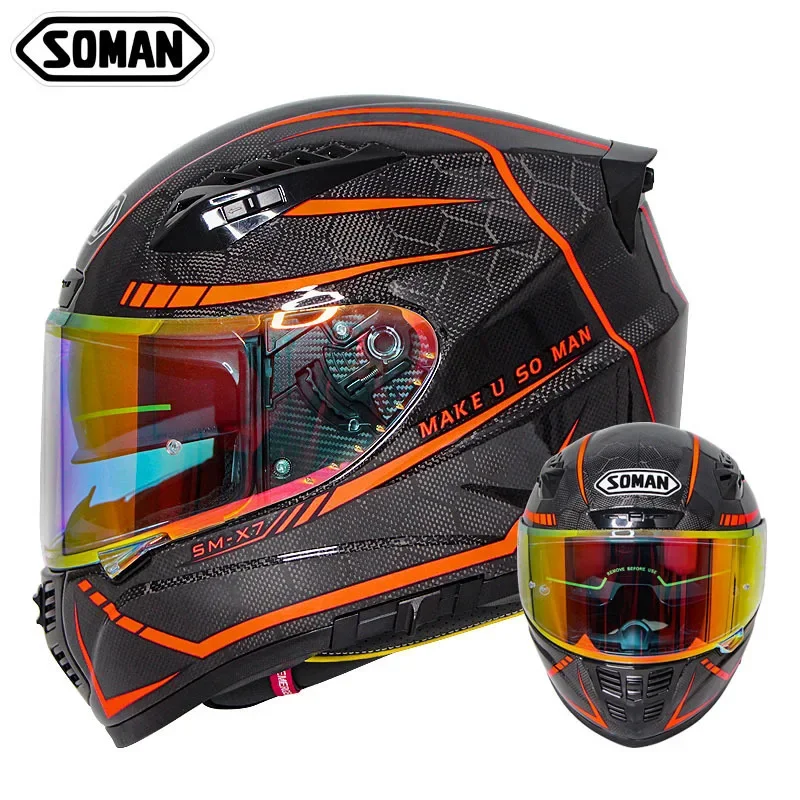 SOMAN Serpentine Carbon Fiber Motorcycle Helmet Full face Double lens off road helmet Color lens Cascos para moto DOT Approved