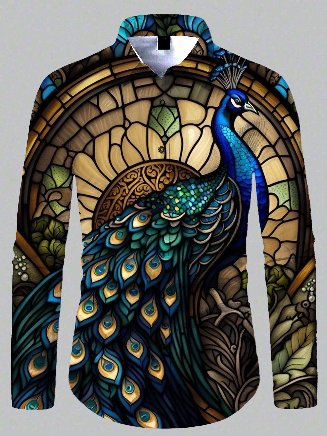 

2025 New Peacock Fashion Print Men's Long Sleeve Shirt Casual Party Street Hawaiian Polo Collar Shirt Polyester