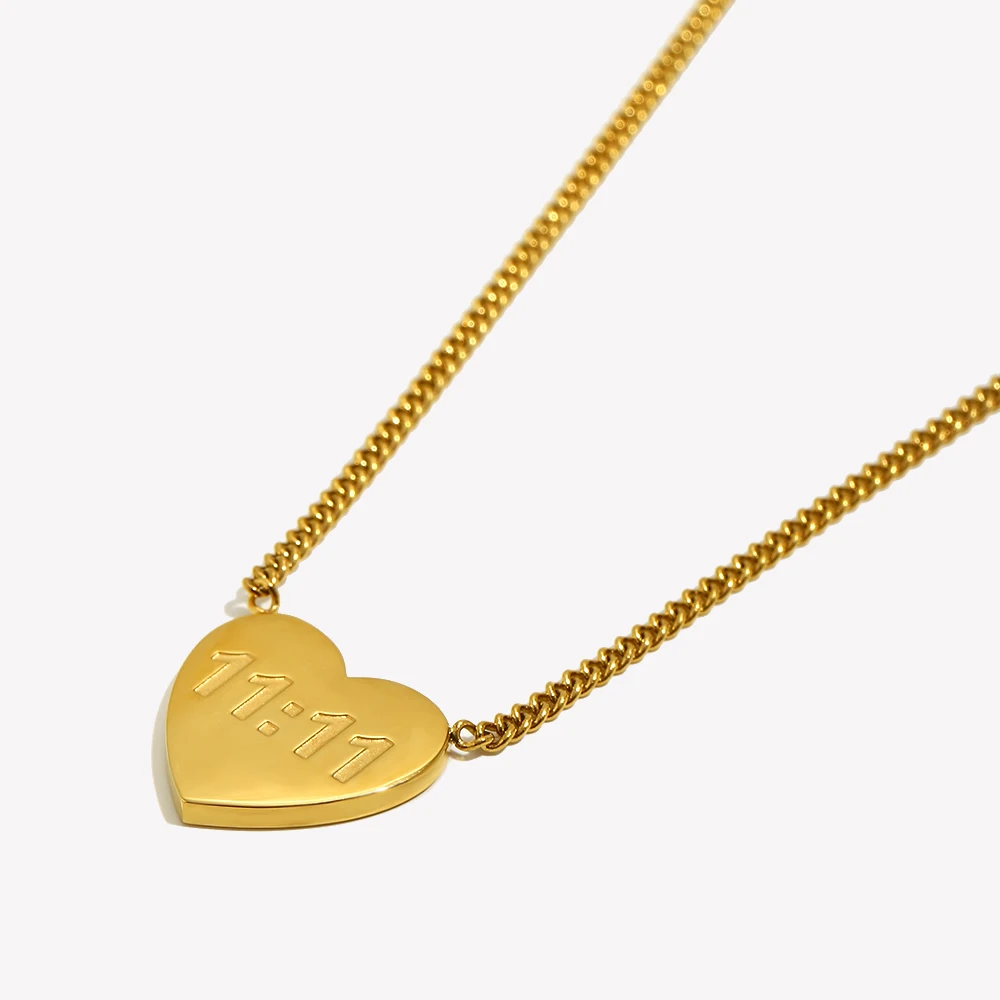 E.B.belle Waterproof New Stainless Steel 18K Gold Plated Jewelry 11:11 Lucky Angel Number Heart Shape Necklace For Women