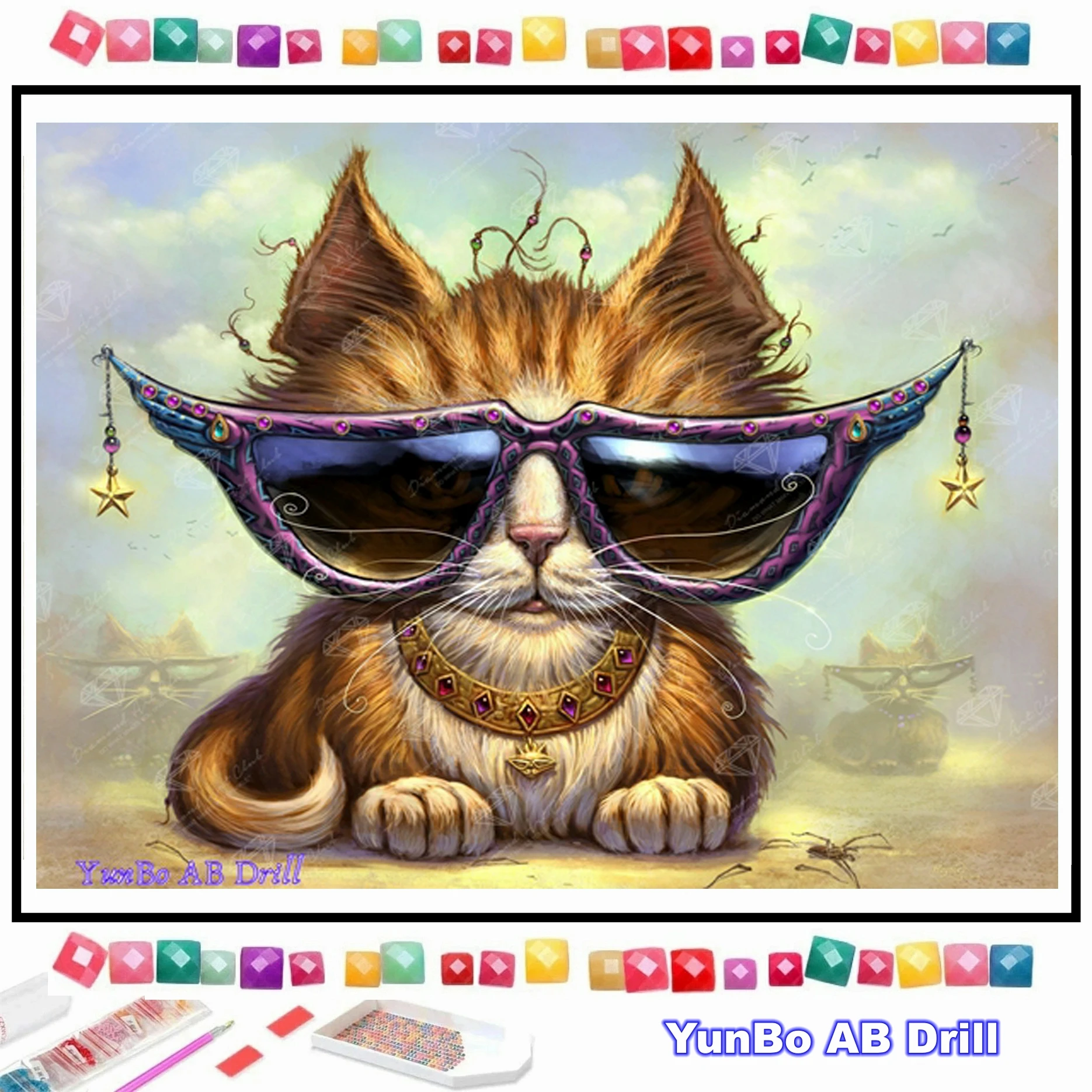 

Just Be Cool Sunglass Cat DIY AB Diamond Painting Embroidery Rhinestone Cute Animal Art Cross Stitch Home Decor Children's Gift