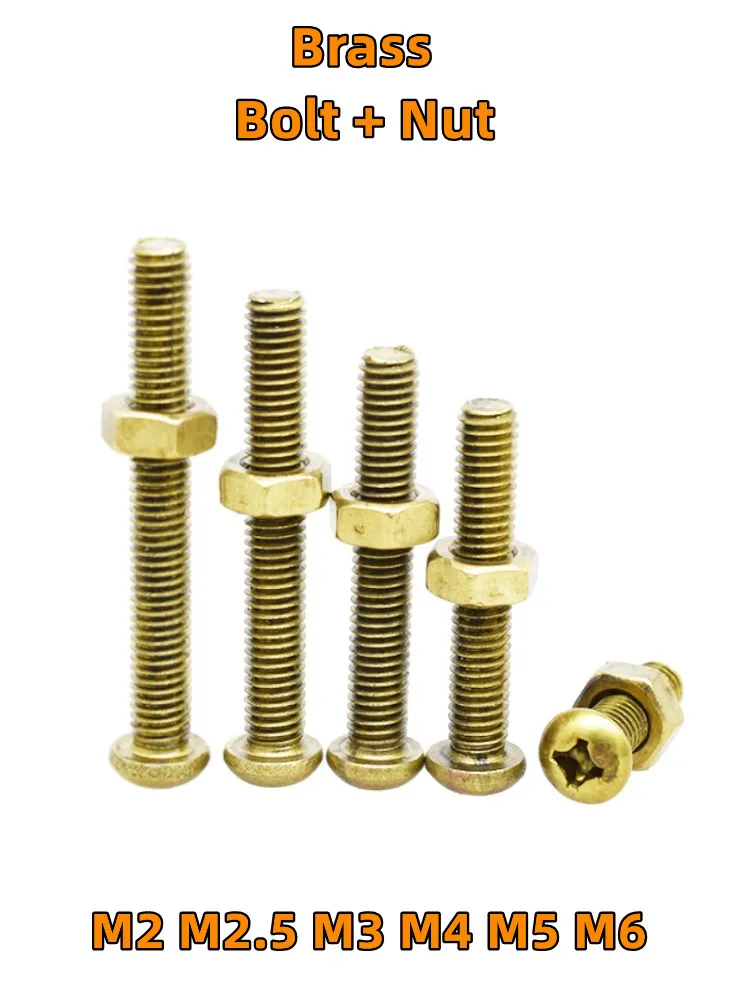 M2 M2.5 M3 M4 M5M6 Brass Phillips Pan Head Round Head Bolt & Nut Combination Set Copper Metric Thread Cross Recess Machine Screw