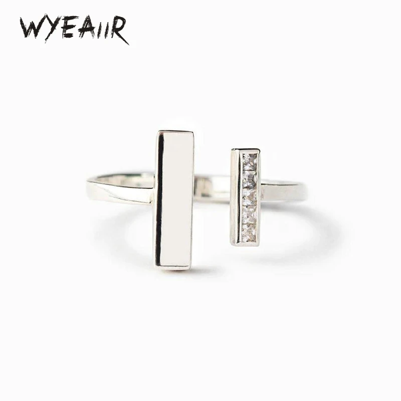 WYEAIIR 925 Sterling Silver Geometric Letter T Diamond Shining Resizable Opening Ring For Women Luxury Jewelry