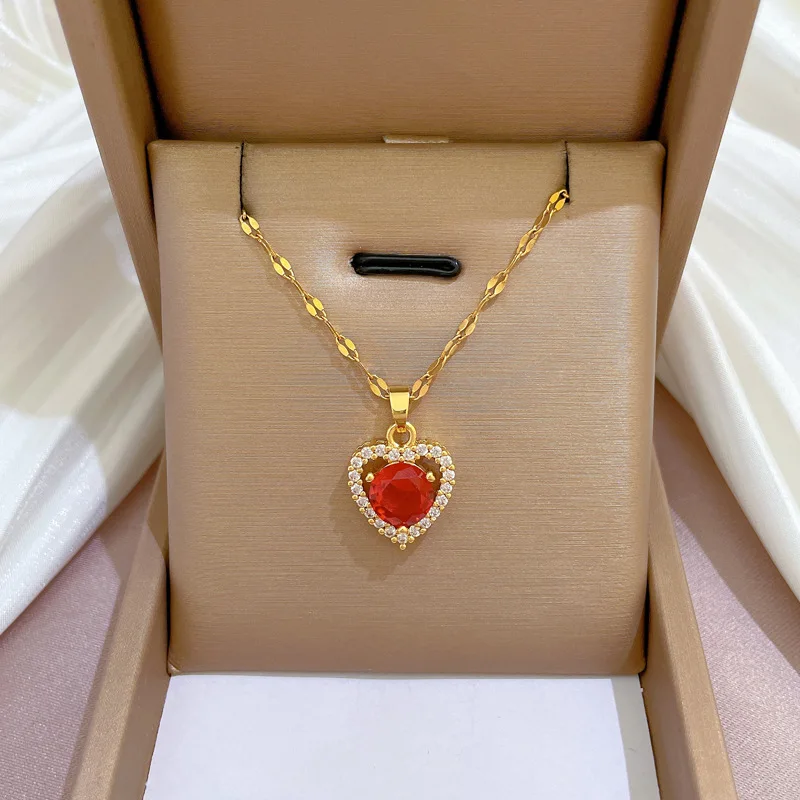 OIMG 316L Stainless Steel Gold Plated New Korean Fashion Zircon Crystal Heart Geometric Pendant Necklace For Women Girls Jewelry