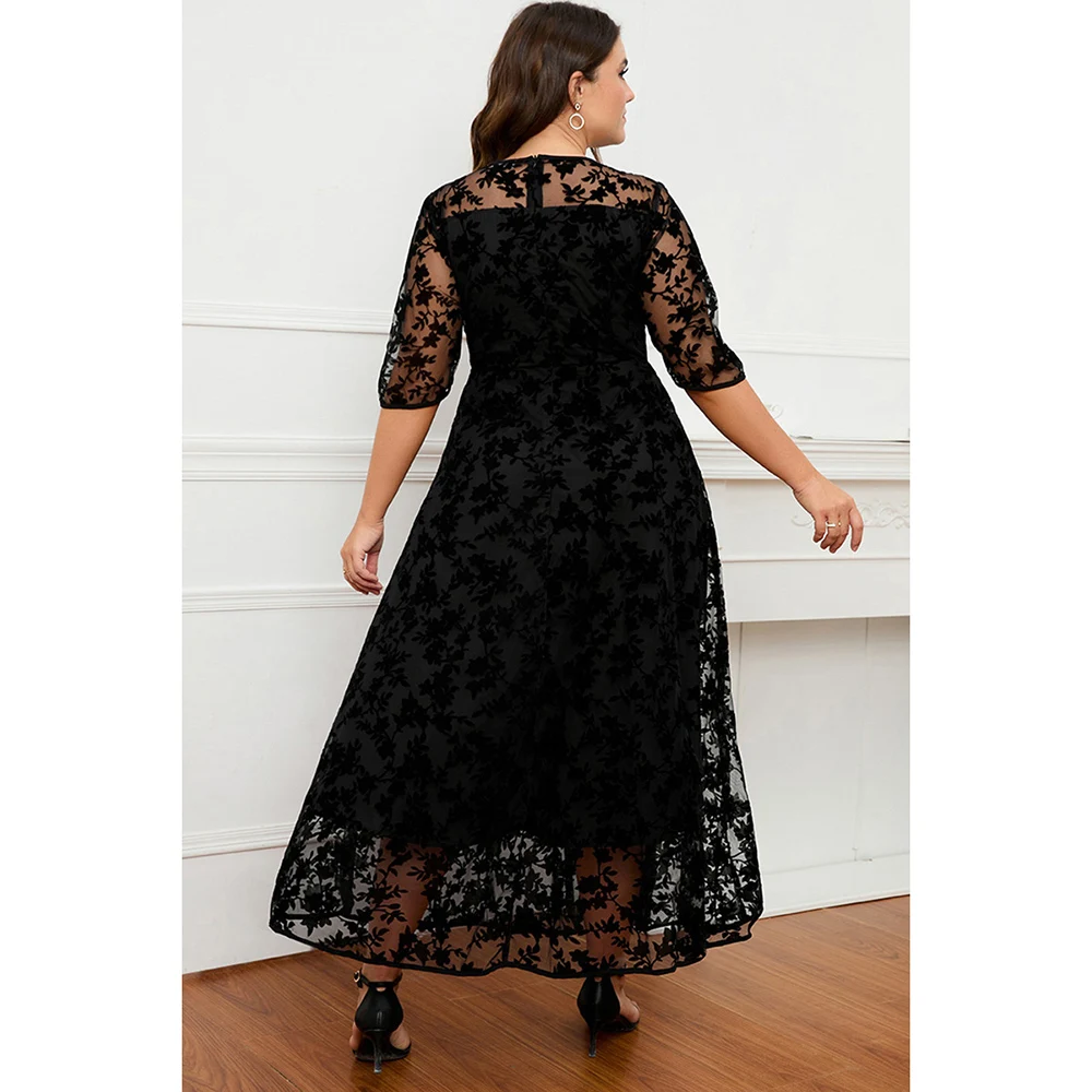 Plus Size Damen lässig schwarze Spitze beflockt Mesh Samt Doppels chicht Tunika Halbarm Maxi kleid