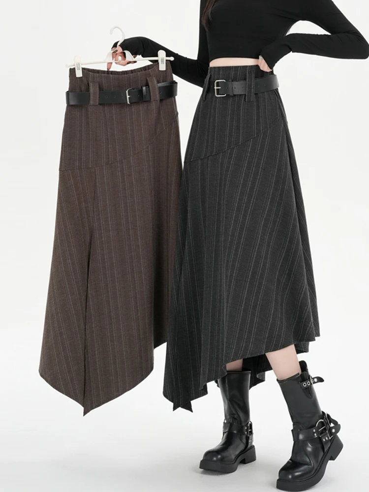 

Women's Minimalist Asymmetrical Striped Blazer Fabric Design A-line Skirt High-waisted Side-slit Midi Skirts Autumn Office Wear