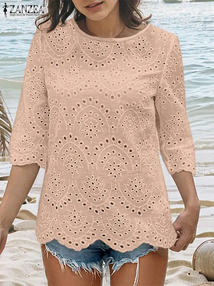 ZANZEA Summer Lace Crochet Blouse Bohemain Holiday Shirt Women O Neck Half Sleeve Tops Work Blusas Femme Casual Loose Chemsie