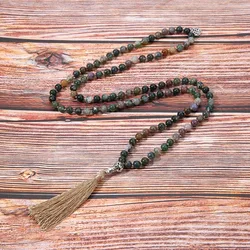 8mm Natural Indian Agate Beads Knotted 108 Mala Necklace Meditation Yoga Prayer Jewelry