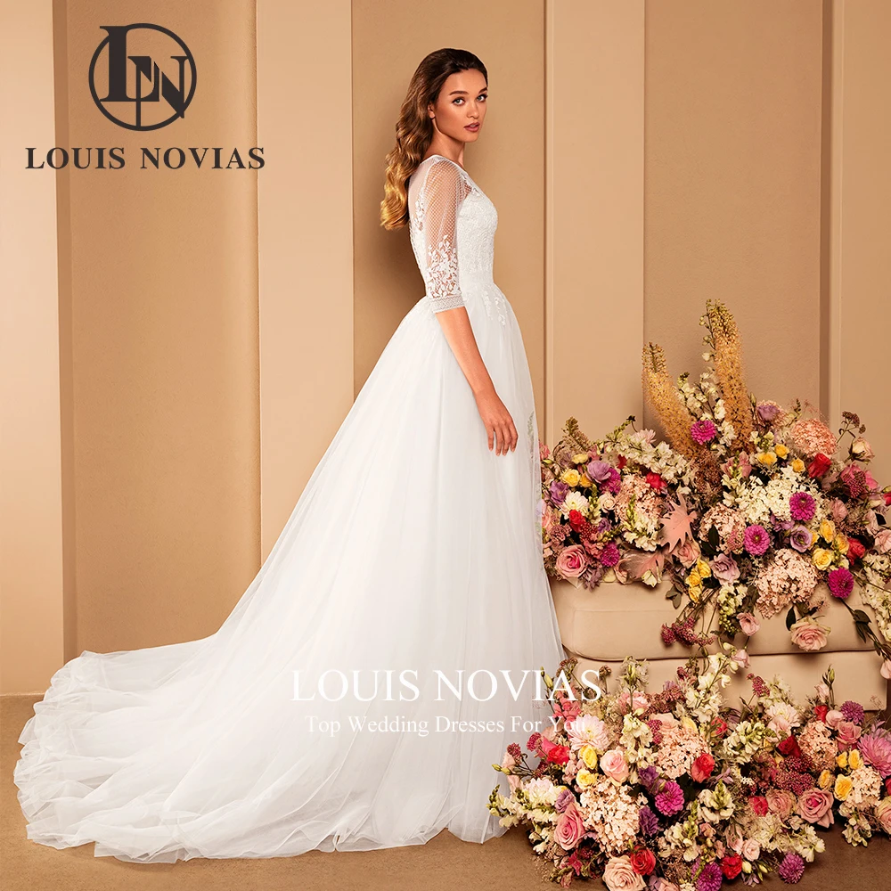 LOUIS NOVIAS BOHO Wedding Dresses For Women Sexy SCOOP Illusion Bride A-Line Court Train Embroidery Bridal Gown Vestido De Novia