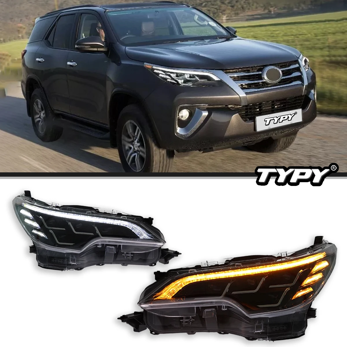 

TYPY автомобильные фары для Toyota Fortuner 2016-2020, светодиодные автомобильные лампы, дневные ходовые огни, динамические указатели поворота, автомобильные аксессуары