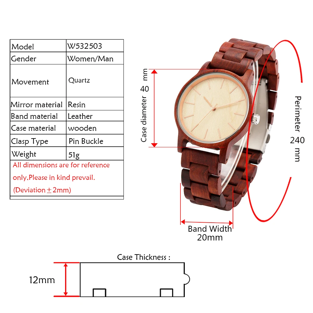 Red Wood/Maple Wood/Ebony Full Wood Quartz Men\'s Wristwatch Rose Gold Pointers Vintage Wooden Bangle Male Watches Folding Clasp