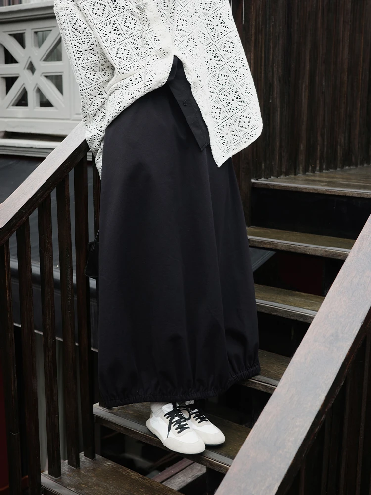 

Faionable High-Waist A-Line Skirt Bla Midi Skirt Buue 25ss Ele Loose Polyester Cotton Blend Long Skirt