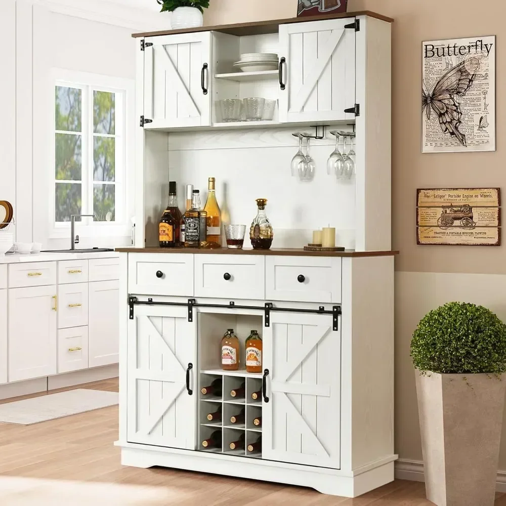 72” Tall Kitchen Pantry Cabinet with Wine & Glass Rack, Farmhouse Coffee Bar Cabinet with Sliding Barn Doors