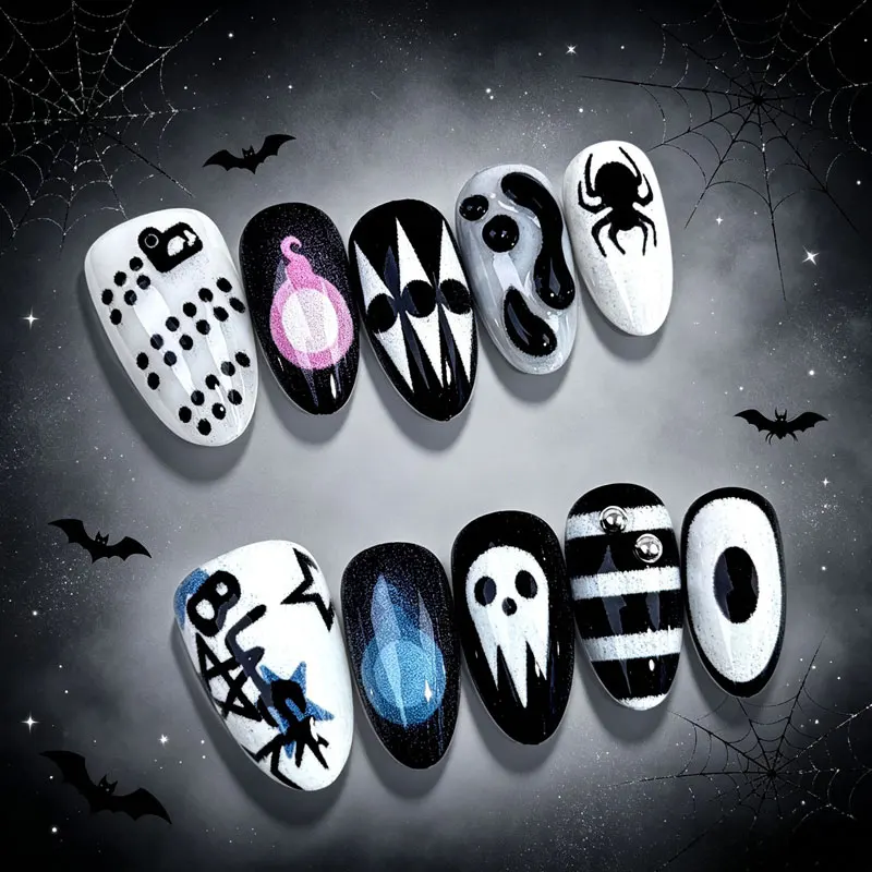 10 Stück 3D Geister-Kürbis Katzenaugen-Kunstnägel mit rauer Textur, Halloween-Nägel, europäische & amerikanische Nagelaufkleber, künstliche Nägel – Detail 15