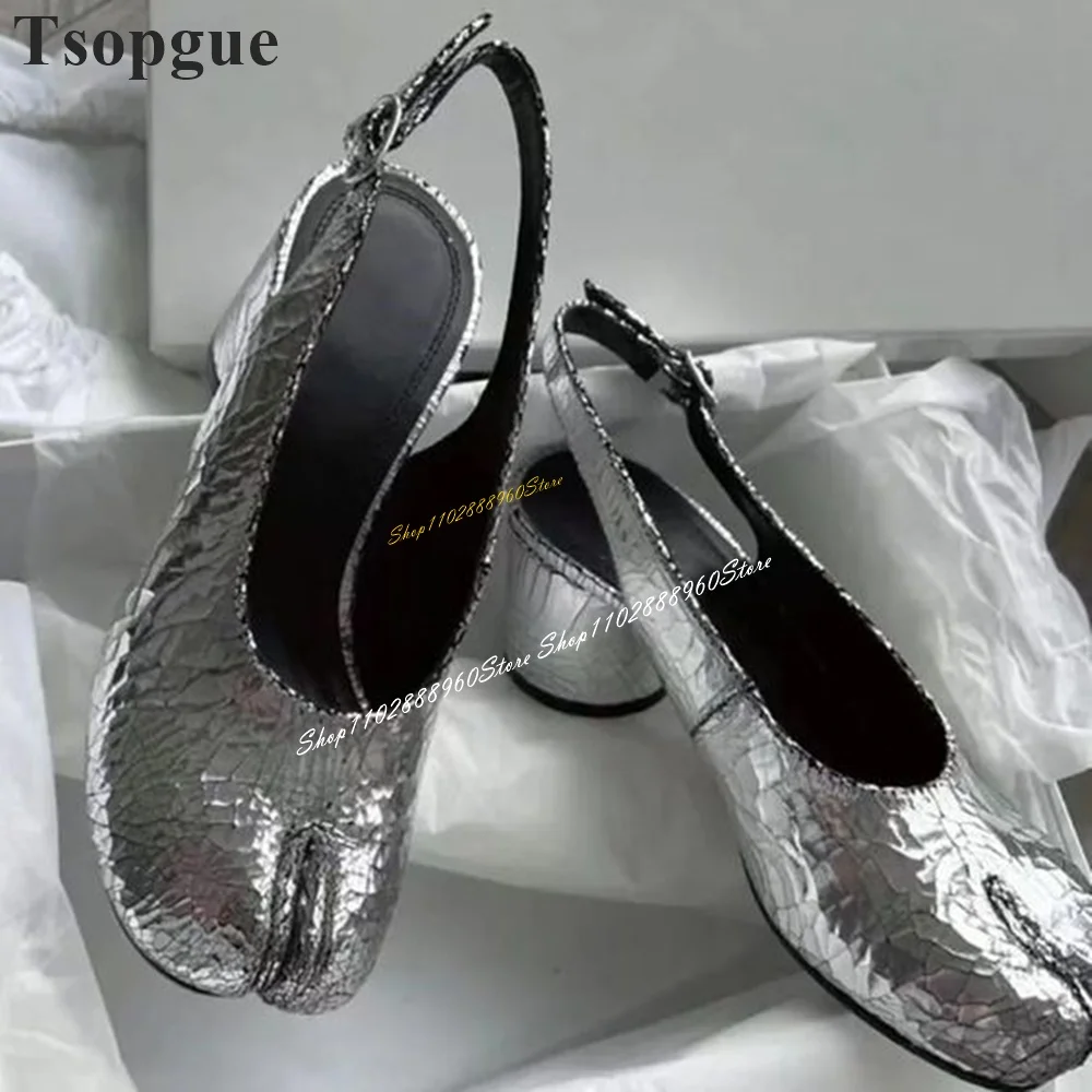 Silver Mirror Leather Buckle Slingback Sandals Thick Heel Shoes For Women Back Strap Split Toe 2024 Fashion Zapatos Para Mujere