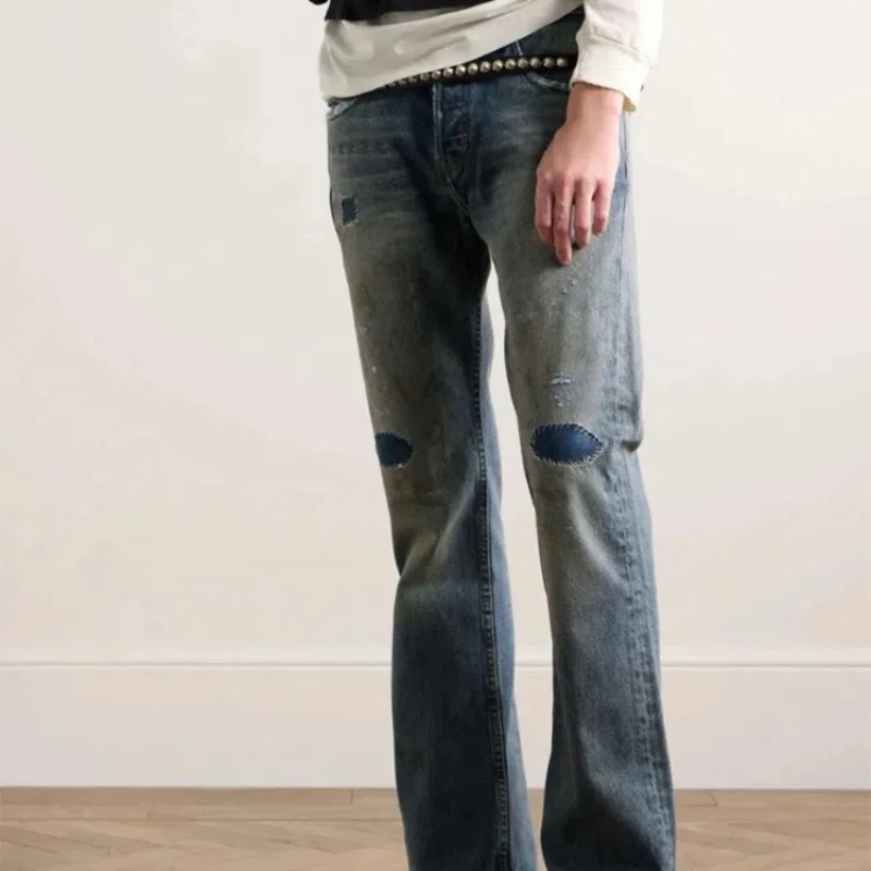 High Street ERD Washed Distressed Denim Pants Patchwork Y2k Pants Casual Jeans Mens Designer Clothes