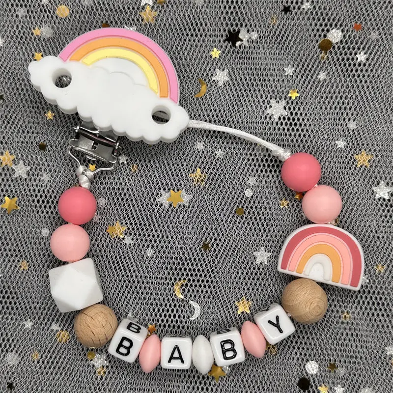 Custom Name Wooden Personalized Baby Pacifier Chains With Name Silicone Rainbow Beads Clips Holder Teether Pendant Newborn Gift