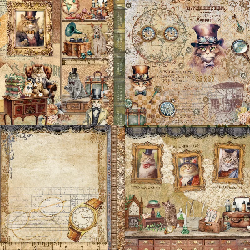 Vintage Steampunk Gentleman Cat Old Script Clock Book Pattern Background Scrapbook Paper Cardmaking Junk Journal DIY Collage