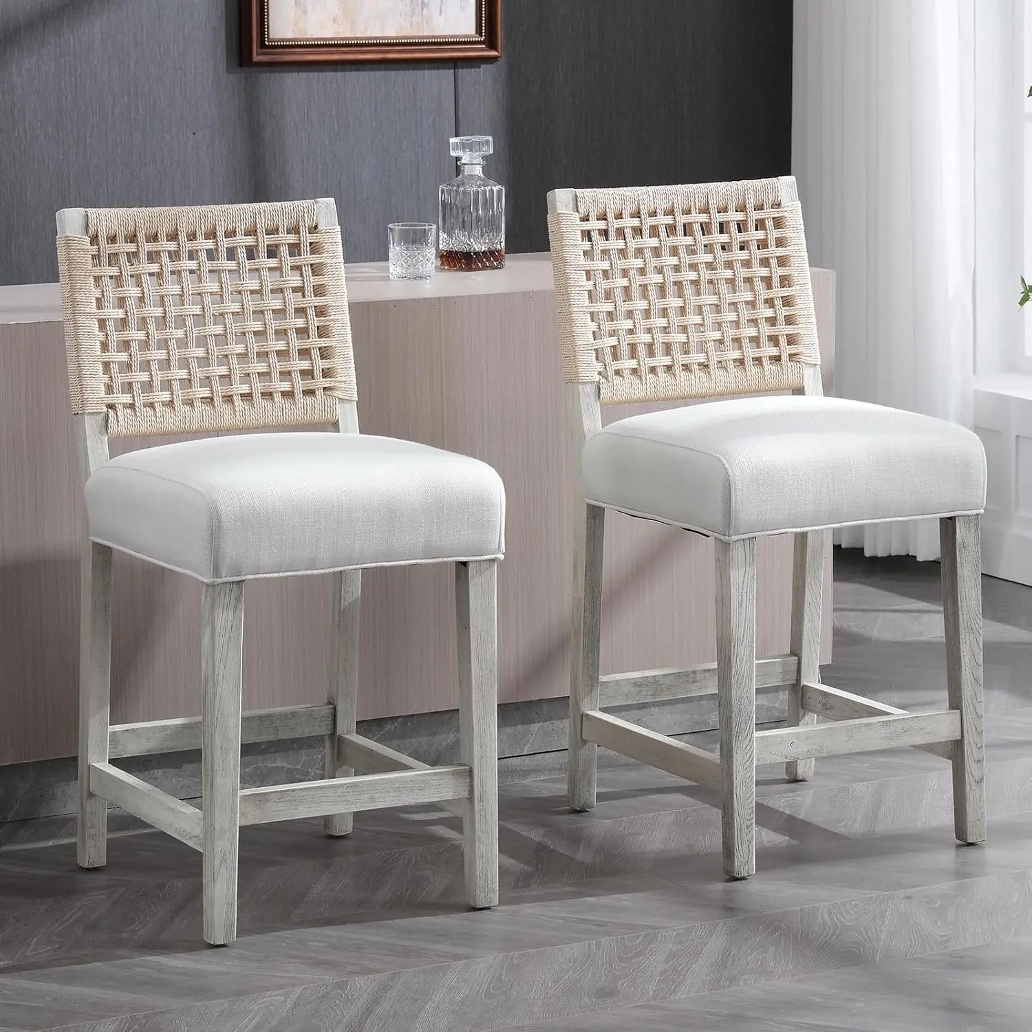 

27-in Counter Height Stools Mid-Century Modern Armless BarStools with Hand Woven Rope Back and Solid Wood Frame Set of 2