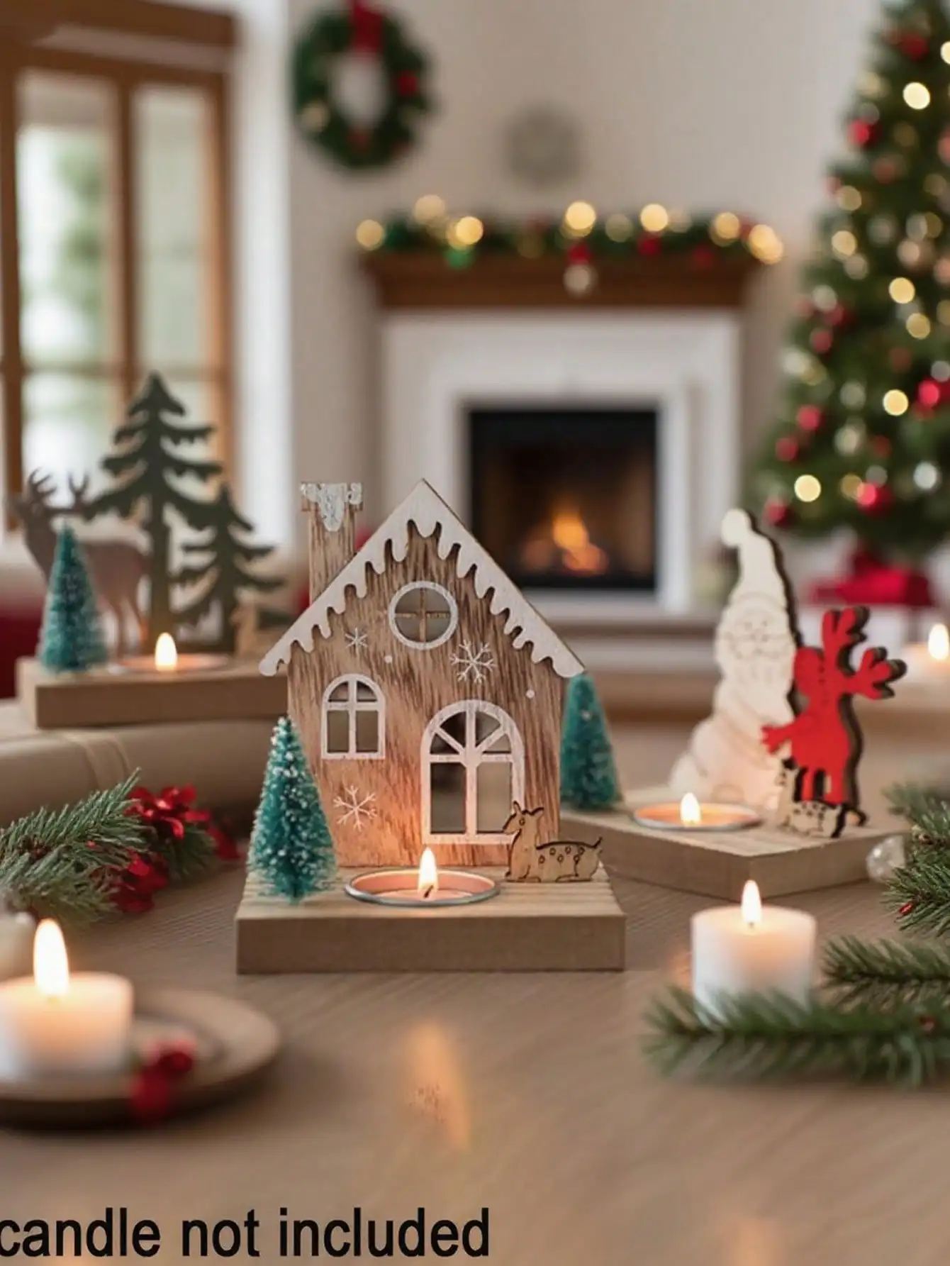 1 Piece of Vintage Wooden Christmas Candle Holder Decoration, Santa Claus and Reindeer Wooden House-Shaped Design Candle Holder, Suitable for Tabletop Decoration, Christmas Home Decor, Party Decoration, Holiday Gifts