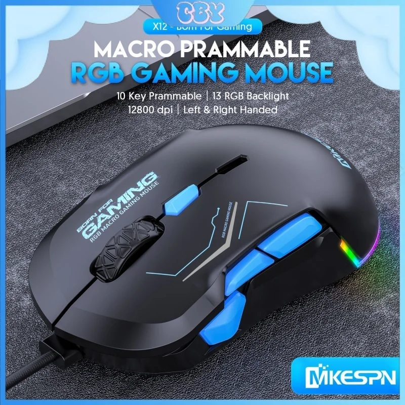 2024 New X12 Wired Mouse 12800dpi Symmetrical 10-Button Rgb Macro Definition Game Computer Accessories Peripheral Ergonomics