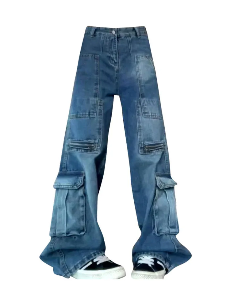 

High Street Kpop Casual Baggy Jeans Korean Fashion Hiphop Cargo Pants Denim Pants Blue 2000s Aesthetic Tide Clubwear BF Style