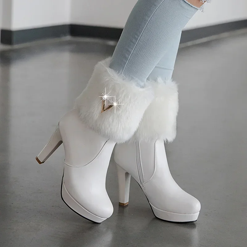 Boots Women Autumn Winter New Fur Round Head Zipper Crystal Thick Heel High Heels Short Tube Boats Ladies Shoes Size 35-43 White