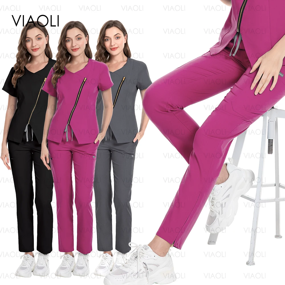 Enfermeira Scrubs Set, Uniformes Médicos, Stretch Scrub Tops, Bolso Calças Retas, Médico Cirurgia Terno, Salão de Beleza Workwear, Novo