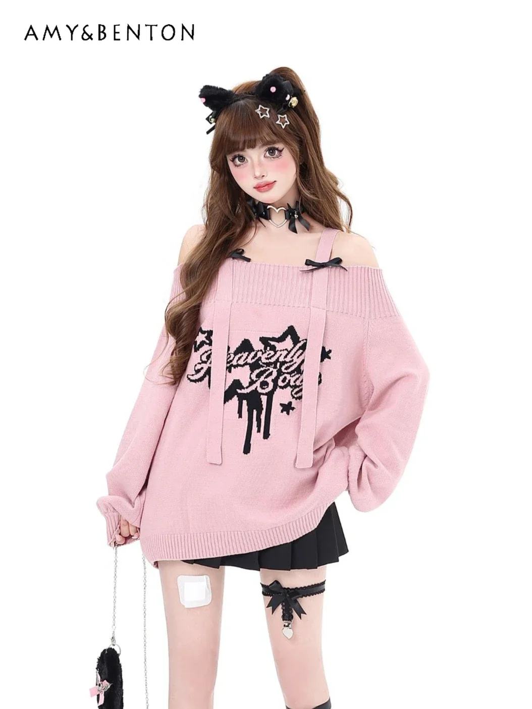 Sweet Bow Sexy Off Shoulder Sweater Women Autumn Winter New Hot Girl Y2K Oversized Sweater Harajuku Subculture Causal Pullover